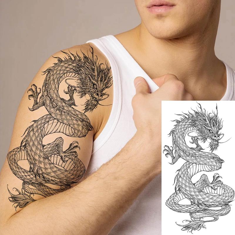 8 Sheets Cool Dragon Temporary Tattoos For Men Women Adults, Black Realistic Dragon  Sticker Half Arm Sleeve, Waterproof Tribal Totem  Tattoos That Look Real and Long Lasting Set Kit