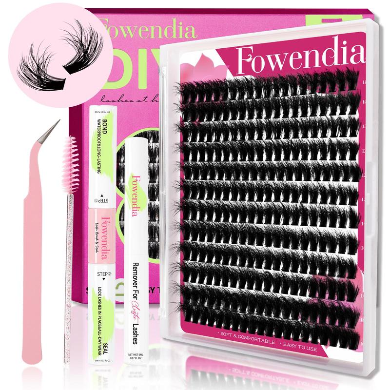 Fowendia lashes DIY Eyelash Extension Kit 9-16mm C D Curl Lashes Adhesive Sealant Remover Waterproof Lash Clusters Kit Applicator Perfect for Beginners Rainbow Colored Lashes Home Makeup Kit for Cosmetic