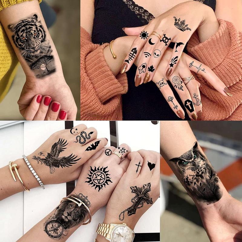 64 Sheets Large Black Arm Temporary Tattoos For Men Forearm Women Thigh, Half Sleeve Animals Lion Tiger Wolf Temp Tattoo Stickers Adults, Death Skull Compass Flower Fake Tattoos That Look Real