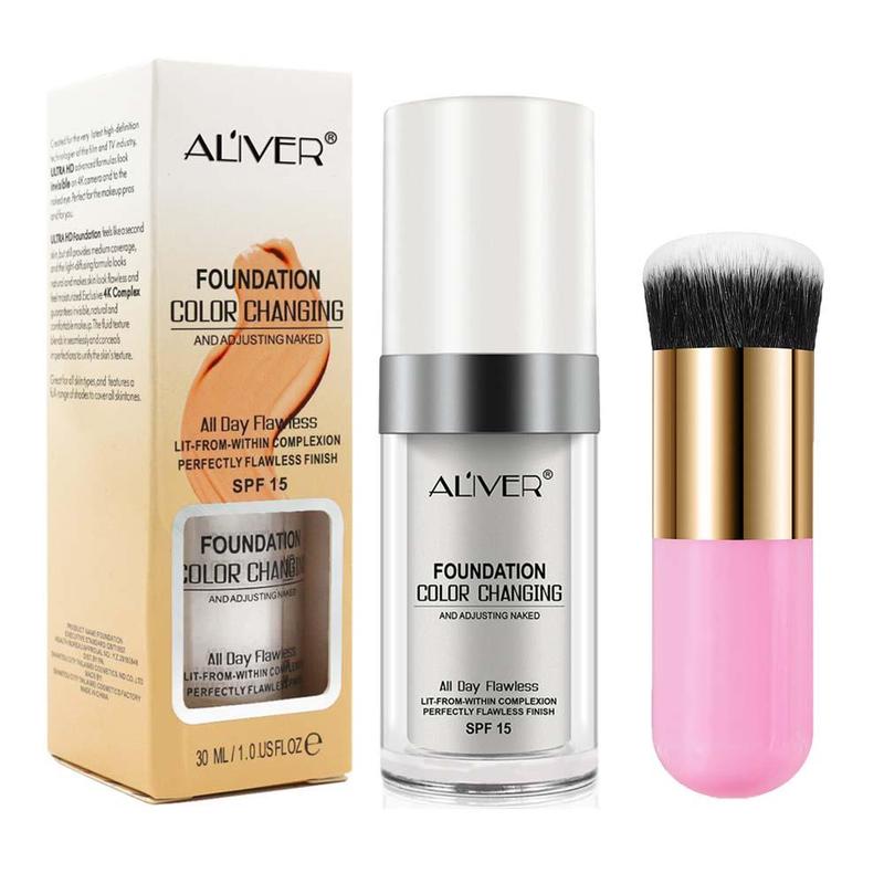 Aliver Magic Color Changing Liquid Foundation 30ml & Pink Makeup Brush, Soft Matte Makeup Lasting, Efficient Concealer, Silky Texture, Light, with Sunscreen and Waterproof Effect, Balance Oil Secretion, Suitable for Oily Skin and Mixed Skin Use