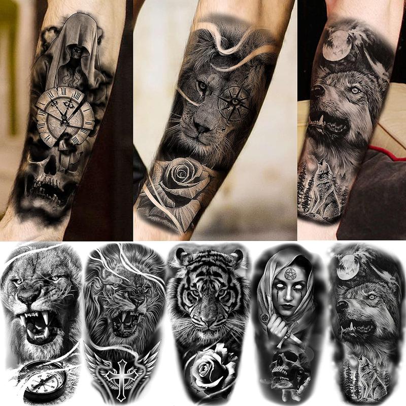 64 Sheets Large Black Arm Temporary Tattoos For Men Forearm Women Thigh, Half Sleeve Animals Lion Tiger Wolf Temp Tattoo Stickers Adults, Death Skull Compass Flower Fake Tattoos That Look Real