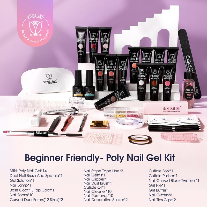 ROSALIND Poly Nail Gel Kit -14 Colors + 67 Nail Art Accessories kitClear Pink Glitter Gel Builder with Mini U V Nail Lamp Starter Poly Nail Gel Kit