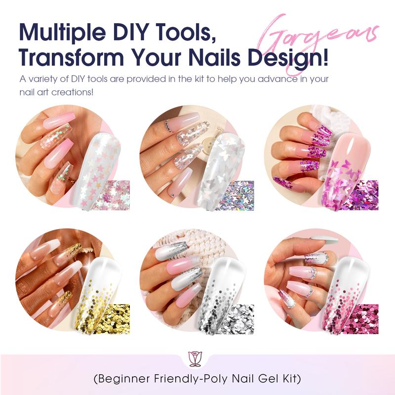 ROSALIND Poly Nail Gel Kit -14 Colors + 67 Nail Art Accessories kitClear Pink Glitter Gel Builder with Mini U V Nail Lamp Starter Poly Nail Gel Kit