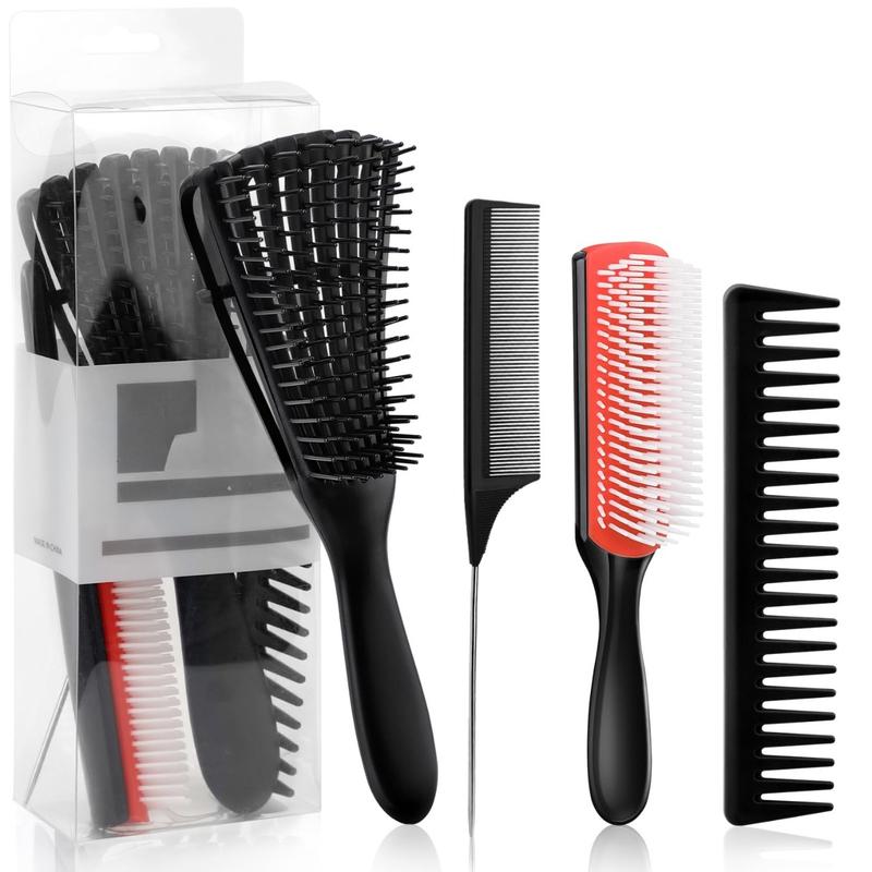 4 count(3+1) Curly Hair Brush Set, Wet or Dry, Detangling with Spray Bottle, Wide Comb, Other Style 4 counts for 3 4ABC with Wide Tooth Comb