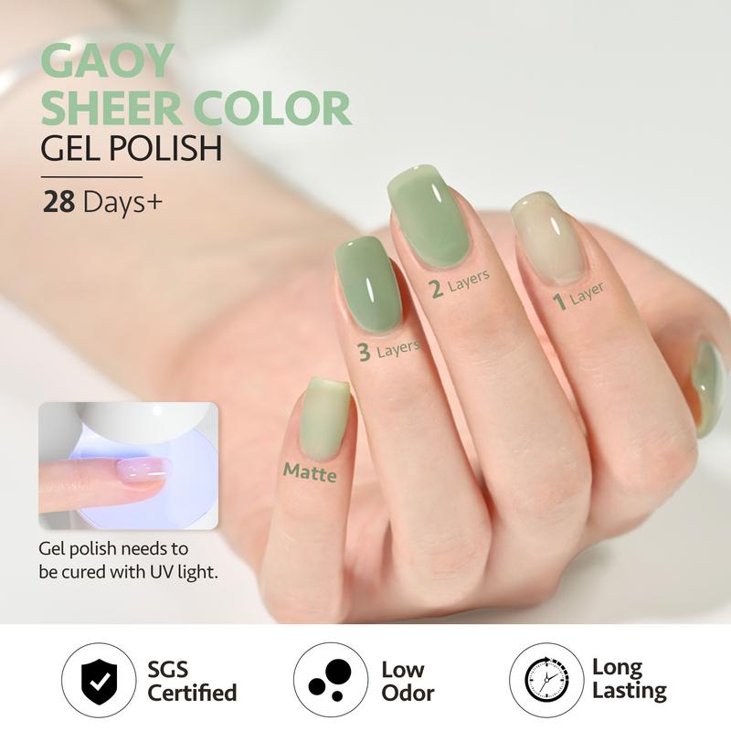 GAOY Jelly Green White Gel Nail Polish Set, 6 Transparent Colors Sheer Gel Nail Kit for Salon Gel Manicure and Nail Art DIY at Home