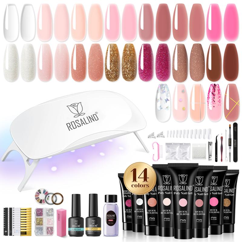 ROSALIND Poly Nail Gel Kit -14 Colors + 67 Nail Art Accessories kitClear Pink Glitter Gel Builder with Mini U V Nail Lamp Starter Poly Nail Gel Kit