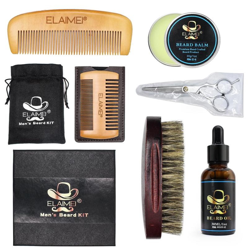 Men's Beard Care Kit, 6 Counts set Beard Comb & Brush & Double Comb & Scissors & Beard Oil & Beard Cream, Beard Grooming Kit for Men