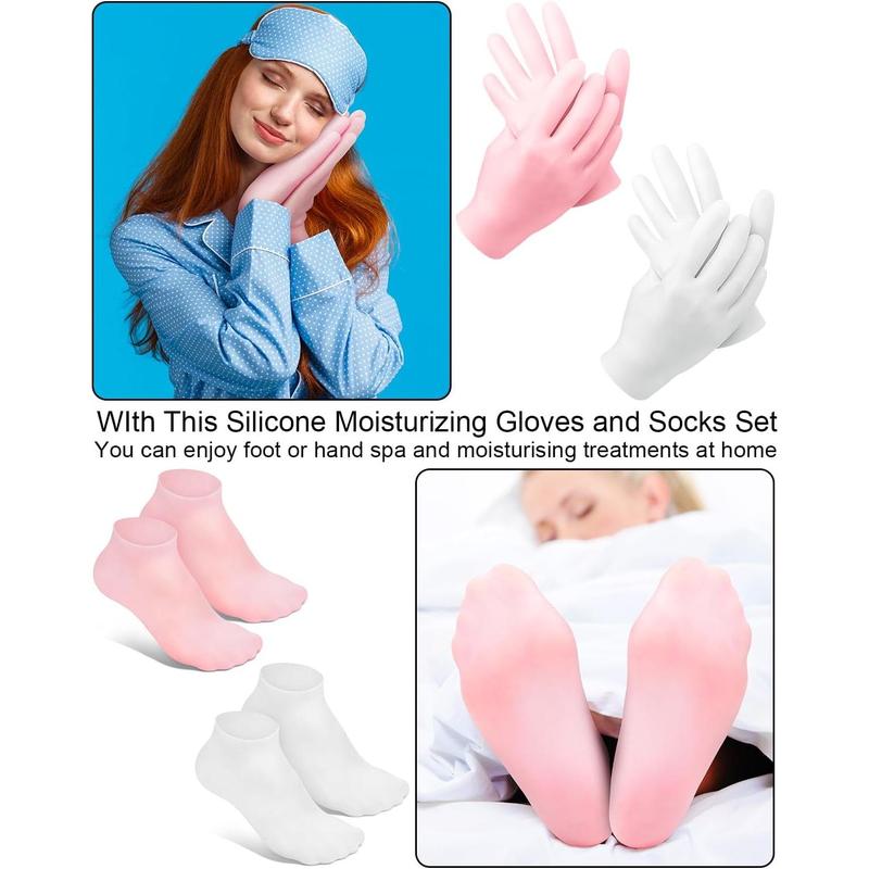 Gorgeous 2 Pairs of Silicone Moisturizing Glove Socks Set! These Anti Slip Soft Spa Gel Socks are amazing for Softening Feet with Dry Cracked Skin. Ideal for Women's Spa Pedicure Socks, softening both Foot and Hand.