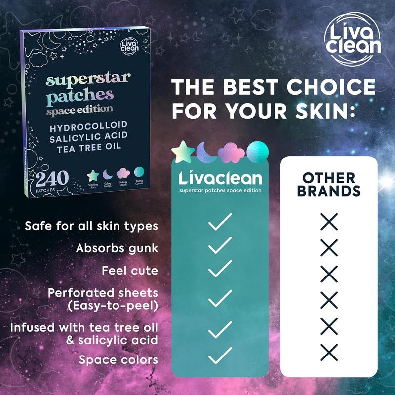 LivaClean 240 CT Holographic Cute Acne Patches - Space Edition w Salicylic Acid & Tea Tree Oil for Face Acne Patches All Skin Types Paraben Free Skincare Pimple Gentle Hydrocolloid Pore Redness Skin Repair