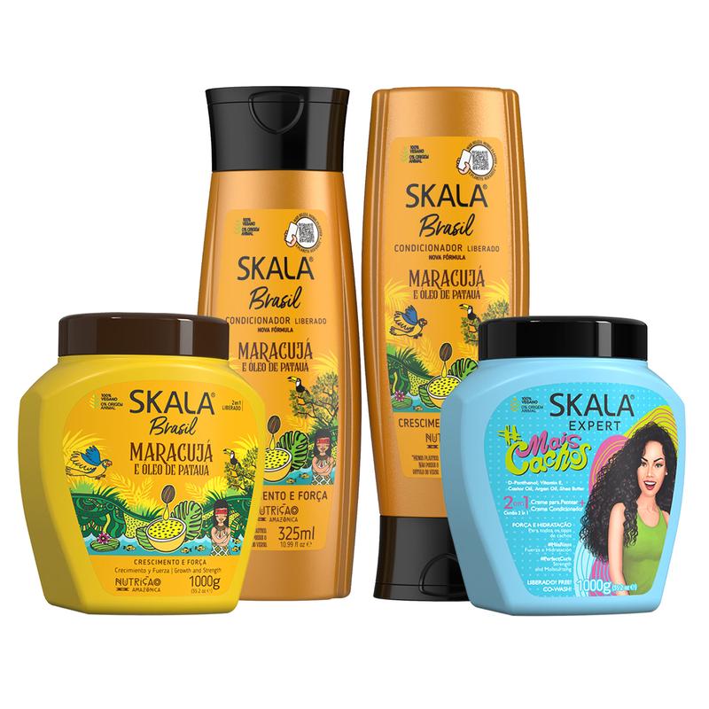 Skala Viral Hair Care Kit – 4-Piece Set: Maracujá Shampoo & Conditioner 250ml, Blue Mais Cachos Hair Cream 35.2 oz, Maracujá Hair Cream 35.2 oz