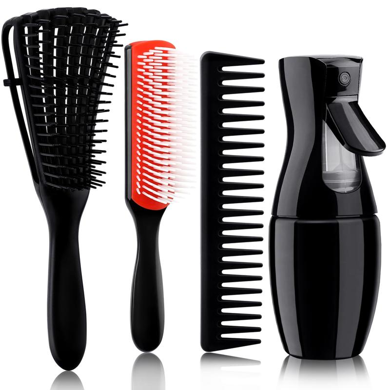 4 count(3+1) Curly Hair Brush Set, Wet or Dry, Detangling with Spray Bottle, Wide Comb, Other Style 4 counts for 3 4ABC with Wide Tooth Comb