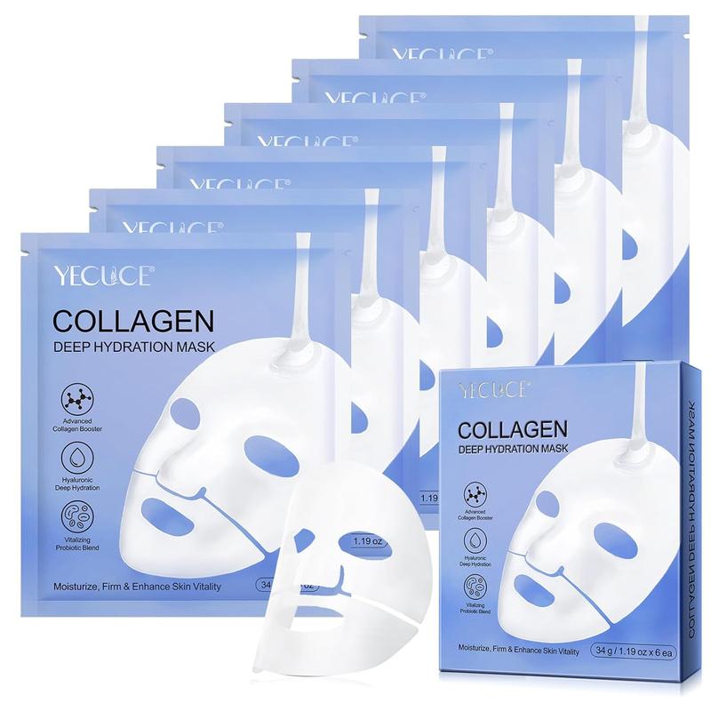 Collagen Facial Mask, 6 Counts box Moisturizing Bio Collagen Face Mask, Hydrating Overnight Hydrogel Mask, Suitable for All Skin Types