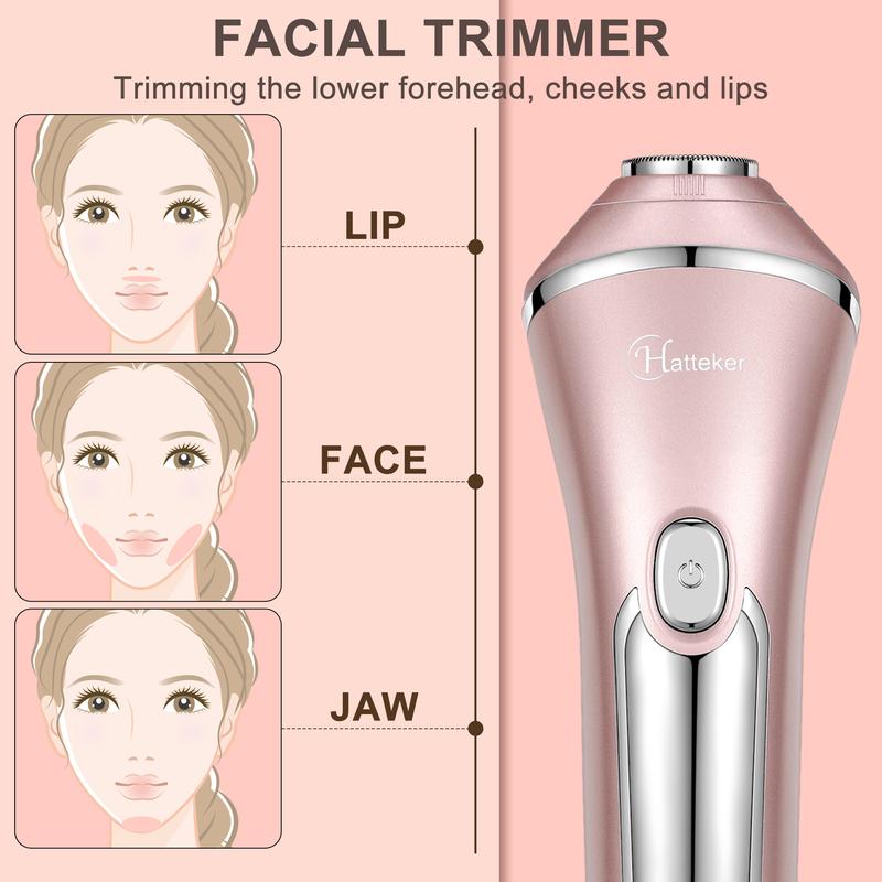 Hatteker Electric Shaver for Women Lady Epilator Electric Razors Kit Hair Remover for Face Chin Arm Leg Armpit Bikini Trimmer Painless Waterproof USB Rechargeable Dry Wet with Detachable Head 3 in 1