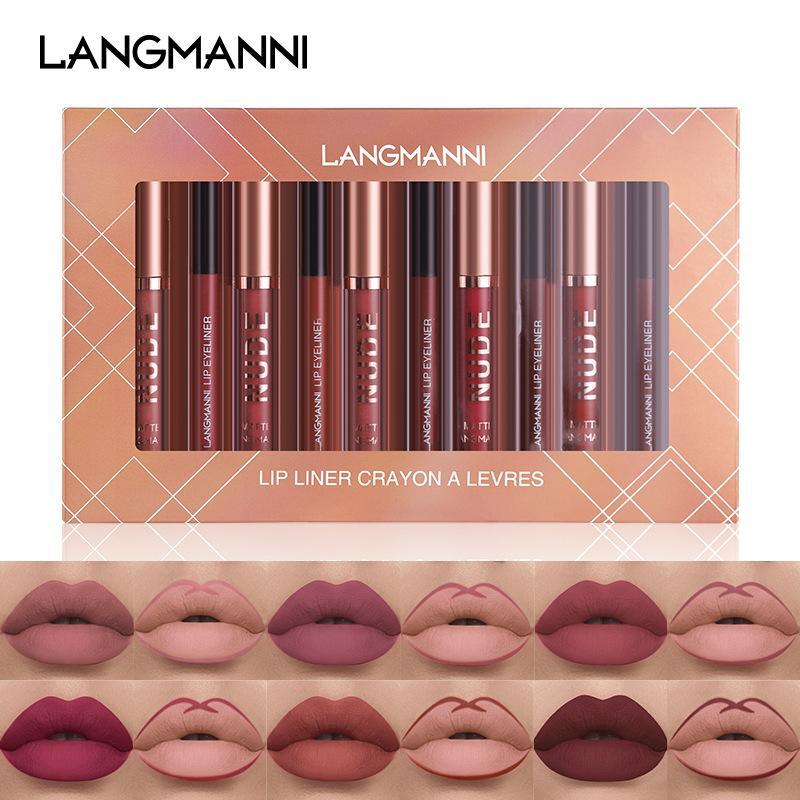 LANGMANNI Matte Lip Gloss & Lip Liner Makeup Set, 12pcs Natural Long Lasting Easy Coloring Lip Makeup Kit, Lip Shades, Lip Cosmetic Gift