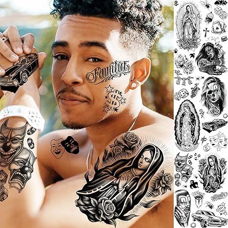 6 Sheets Chicano Temporary Tattoos For Women Men Adults Halloween Face Makeup Kit, Black Guadalupe Tattoo Stickers, Gangster Payasa Gansta Fake Tatoos Prison Familia Joker, Tatuajes Temporales