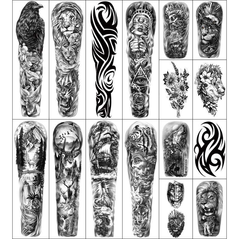 46 Sheets Full Arm Temporary Tattoo Waterproof For Men(L22.8“xW7”), Fake Tattoos for Women Lion Tiger Clock Flower Skeleton Animals Design, Hand Forearm Shoulder 3D Temporary Tattoos Stickers