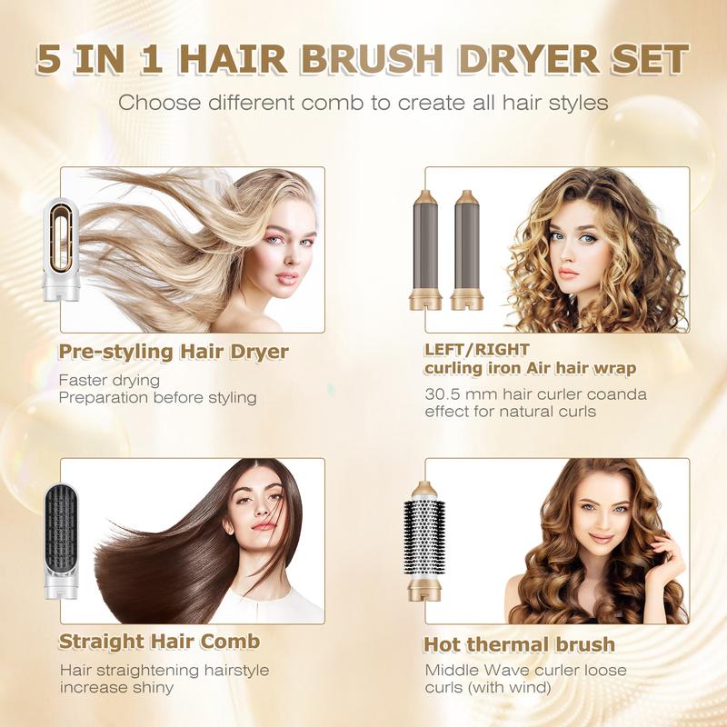 New 5 in 1 Hair dryer Hot Air Brush StylingTool Powerful Soft hair care-Curling iron set Hair dryer system with hair measure Hair dryer brush,smoothing brush,curling brush-Hair curler Shaper-Intelligent thermal control,detachable Salon Adjustable Gift