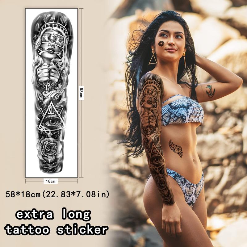 46 Sheets Full Arm Temporary Tattoo Waterproof For Men(L22.8“xW7”), Fake Tattoos for Women Lion Tiger Clock Flower Skeleton Animals Design, Hand Forearm Shoulder 3D Temporary Tattoos Stickers