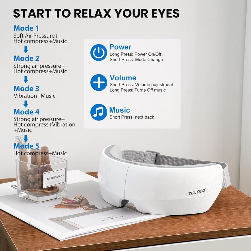 TOLOCO Heated Eye Massager with Bluetooth – Perfect Holiday Gift for Migraine Relief, Relaxation, Improved Sleep, and Eye Strain Reduction.