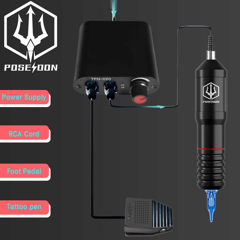 Poseidon Tattoo Suit, Rotary Tattoo Pen Suit, Containing 10 Tattoo Needles, Professional Tattoo Machine Set Suit, with Power Supply, 6 Colors Tattoo Ink, with Foot Pedal Tattoo Gun, Suitable for Artists