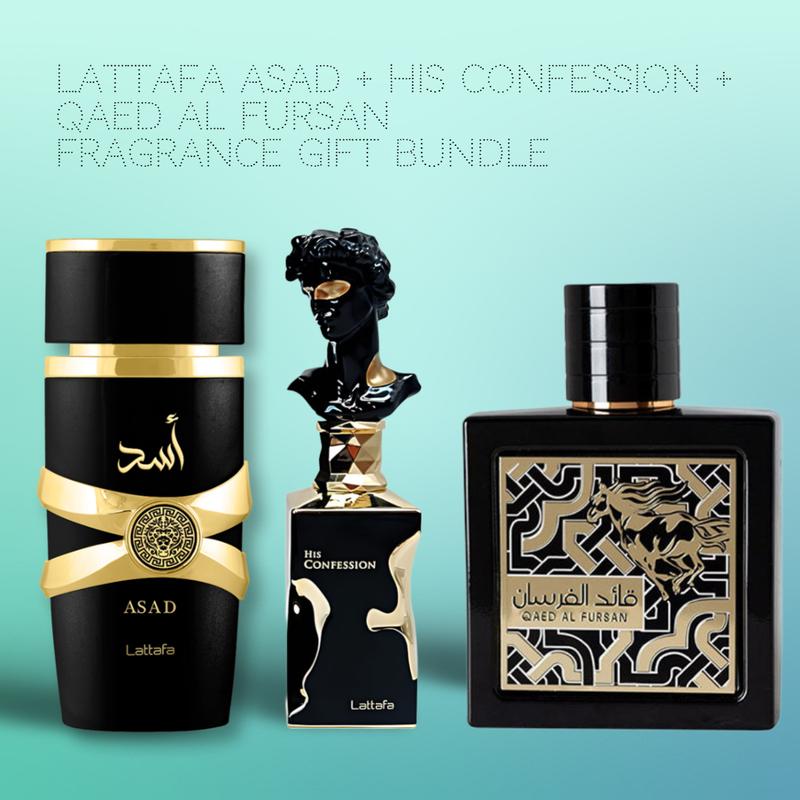 Lattafa Perfume Asad + His Confession + Qaed Al Fursan 100ml (3.4oz) fragrance Gift Bundle