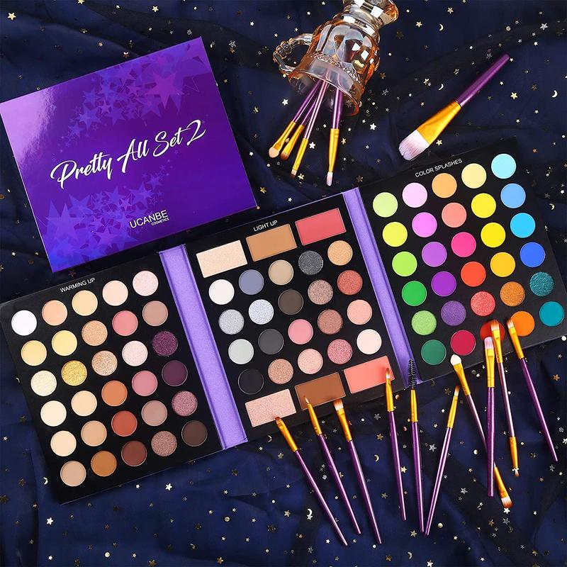 UCANBE Pretty All Set - Professional 86-Color Eyeshadow Palette & 15-Piece Brush Set: Matte, Glitter, Waterproof, Long-Lasting, Highly Pigmented with Contour, Blush, and Highlighter