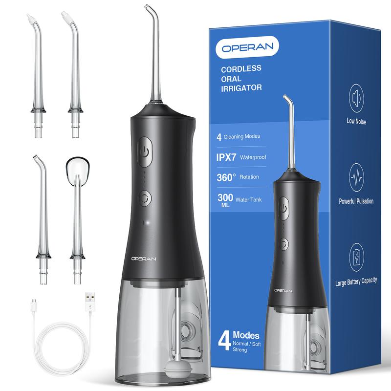 Operan Water Flosser with 4 Cleaning Modes, Upgraded 300ML Water Tank, Cordless Oral Irrigator, Nozzle Removable (Black)