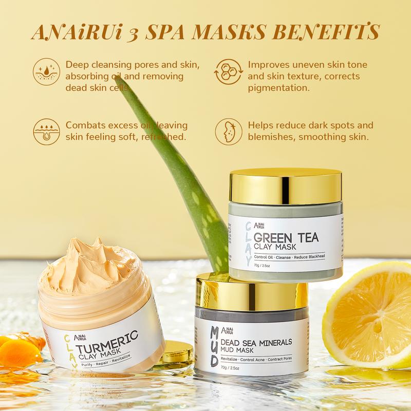 ANAiRUi 3 in 1 Face Clay Mask Set - Turmeric, Green Tea, Dead Sea Mud Clay Mask for Deep Cleansing, Oil Controlling, Comfort Skincare Mask Gifts Set