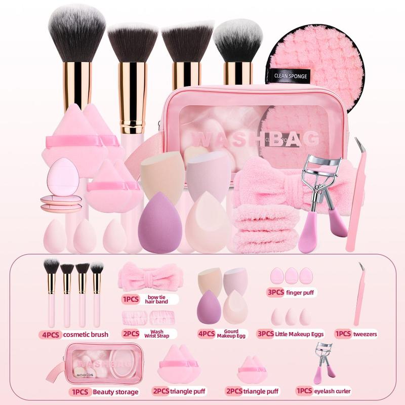 Makeup Tool Set, 1 Set Makeup Brush & Makeup Sponge & Powder Puff & Cleaning Sponge & Headband & Eyelash Curler & Tweezers & Makeup Bag, Makeup Accessories