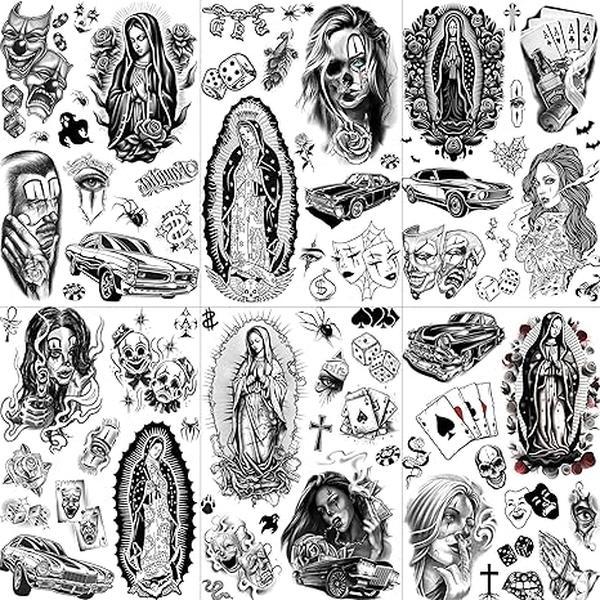 6 Sheets Chicano Temporary Tattoos For Women Men Adults Halloween Face Makeup Kit, Black Guadalupe Tattoo Stickers, Gangster Payasa Gansta Fake Tatoos Prison Familia Joker, Tatuajes Temporales