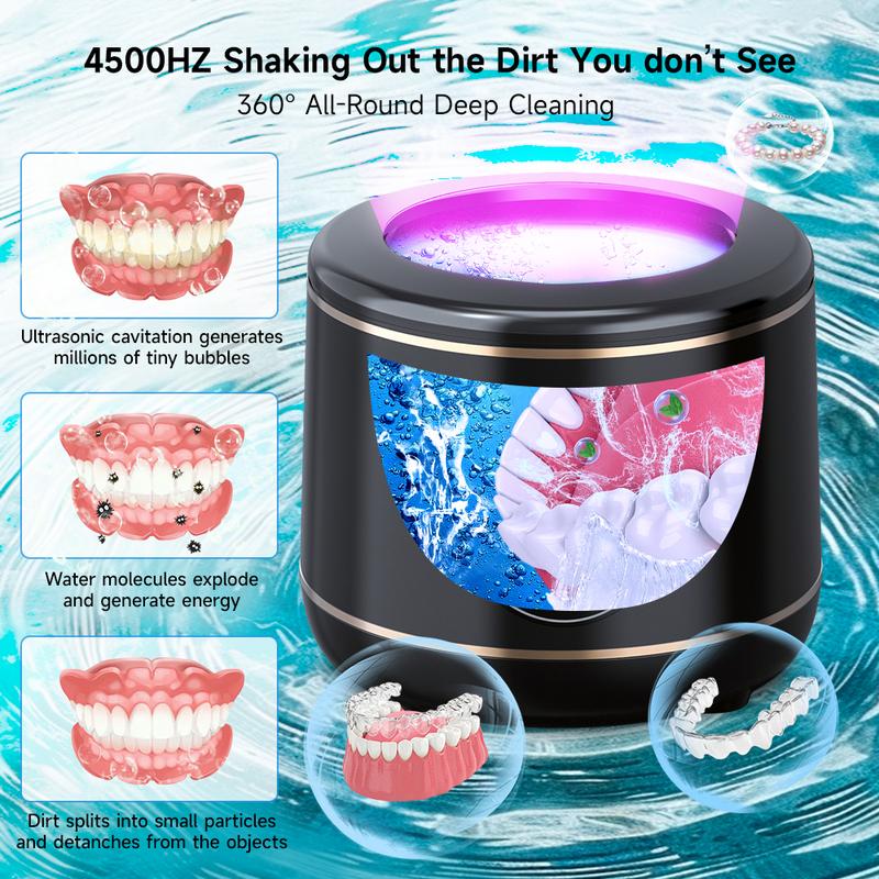 Retainer Cleaner - Raccomb 250ML 45kHz Dental Cleaning Machine for Dentures, Aligner, Night Guard and Mouthguard, 6 LED Lights Cleaner Machine for Dental Appliances