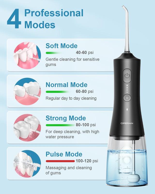 Operan Water Flosser with 4 Cleaning Modes, Upgraded 300ML Water Tank, Cordless Oral Irrigator, Nozzle Removable (Black)