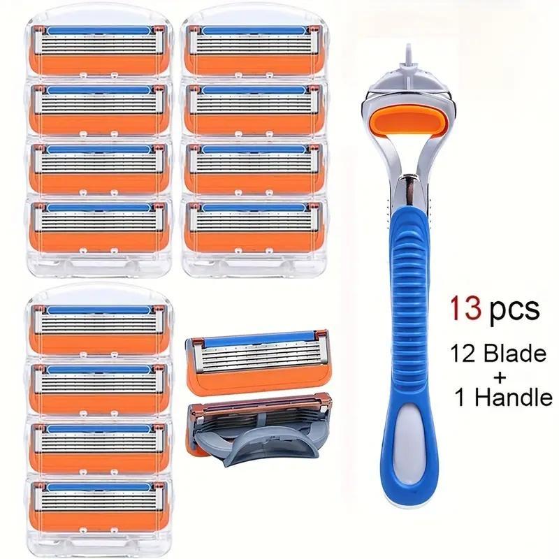 Shaving Razor Blades Set For Men, Father's Day Gift, 1 Count Shaver Holder & 12pcs 5 Layers Blades Set For Leg, Arm, Armpit Hair Removal, For Daily Face Care