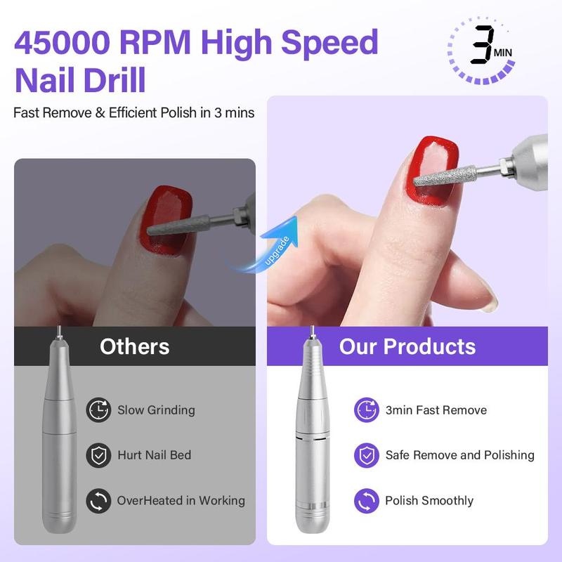 Professional 45000RPM Electric Nail Drill Machine with Nail Drill Bits, Rechargeable Low Noise Nail Sander File for Manicure Salon Tool, Portable Nail Drill Machine, Christmas Gift