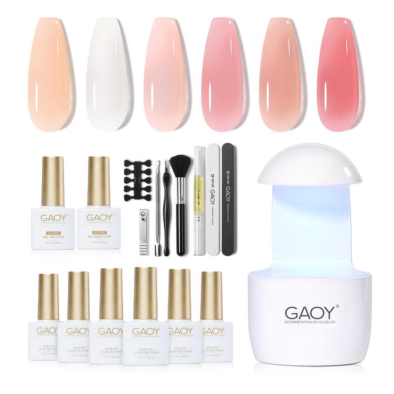 GAOY Gel Nail Polish Kit with UV Light for Beginners, 6 Colors Milky White Pink Orange Sheer Gel Polish, Gel Nail Kit with Top Coat and Base Coat for DIY gel manicure at Home