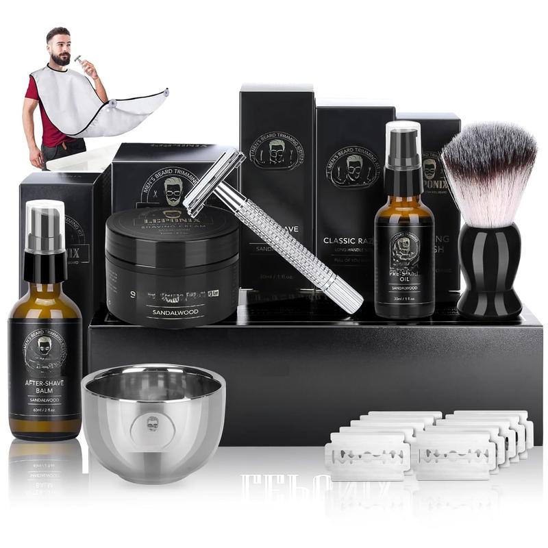 Shaving Kit for Men, Include Safety Razor, Sandalwood Shaving Cream, Mens aftershave, Pre Shave Oil, Shaving Brush and Bowl, Shaving Bib -Unique Gifts for Men Him Stocking Stuffers