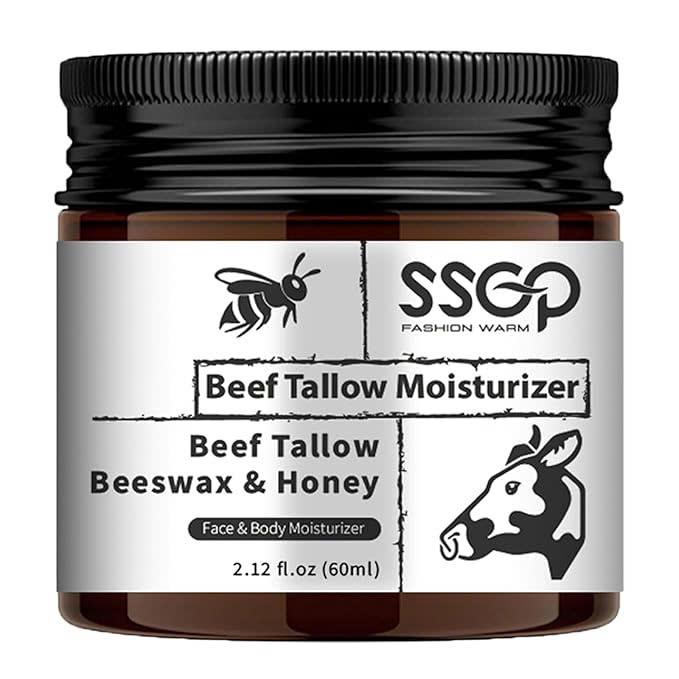 Beef Tallow Beeswax & Honey Face & Body Balm, Grass-Fed Beef Tallow and Honey for Skin, Moisturizing Cream, Emollient, Gentle, 2 oz