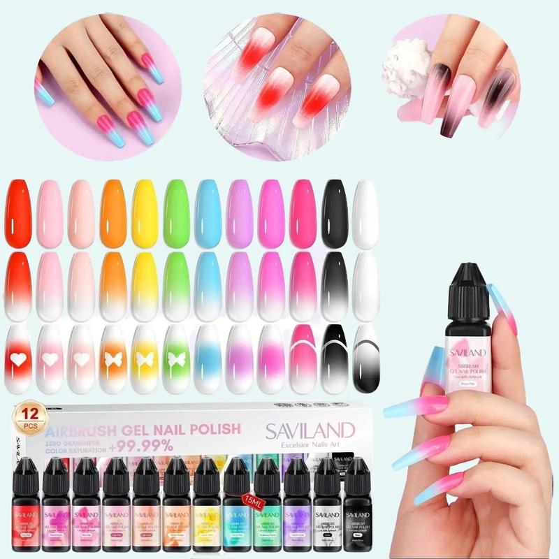 Saviland 12 Vitality Colors Airbrush Gel Nail Polish Set with Fine Mist for Color Spray - Nail Art Design Matte Nail Care