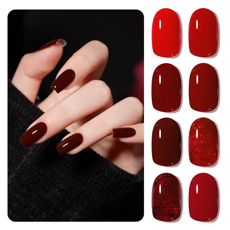 GAOY Red Gel Nail Polish Set, 8 Colors Burgundy Scarlet Carmine Dark Glitter Red Soak Off Gel Polish Kit for Salon and Nail Art DIY at Home