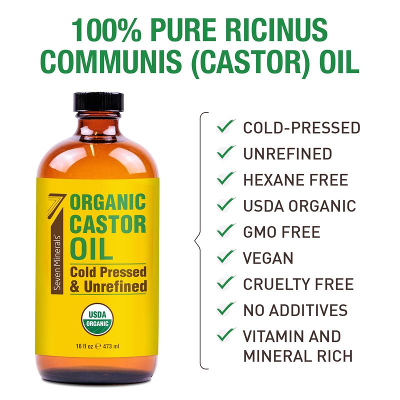 Glass Bottle Castor Oil Organic Cold Pressed Unrefined Seven Minerals 16 fl oz - 100% Pure USDA Certified Organic Hexane Free Body Care Cosmetic