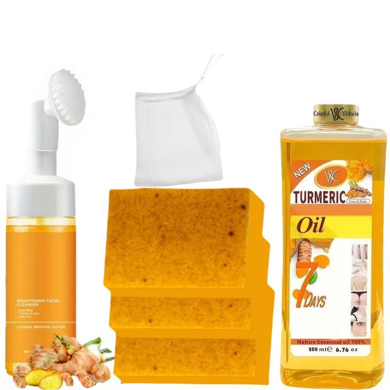 Turmeric three piece set, turmeric massage oil, turmeric facial cleansing mousse, turmeric soap facial cleansing skincare products, facial cleansing cleanser, body cleansing soap, body massage oil, suitable for both men and women