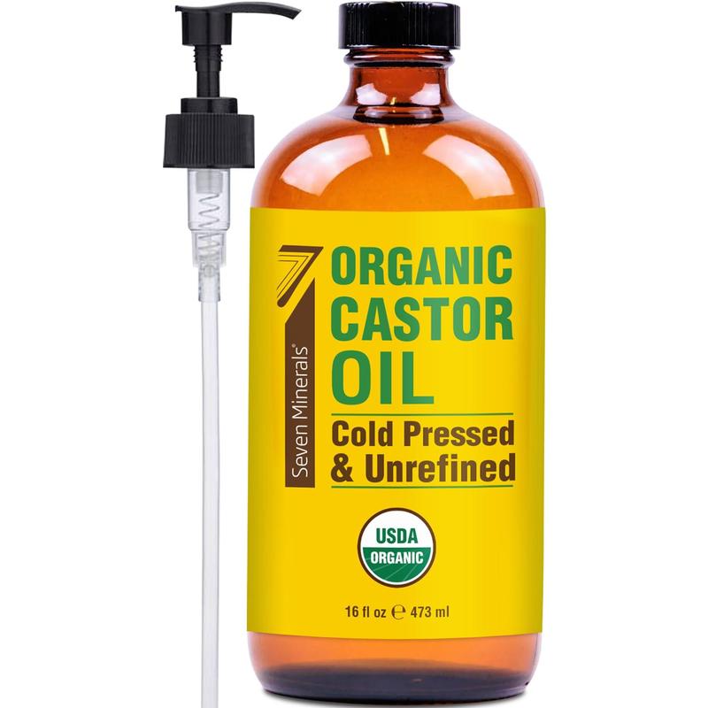 Glass Bottle Castor Oil Organic Cold Pressed Unrefined Seven Minerals 16 fl oz - 100% Pure USDA Certified Organic Hexane Free Body Care Cosmetic