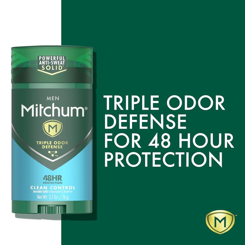 Mitchum Men's Deodorant, Antiperspirant Stick, Triple Odor Defense Invisible Solid, 48 Hr Protection, Dermatologist Tested, Clean Control, 2.7 Oz (Pack of 1)