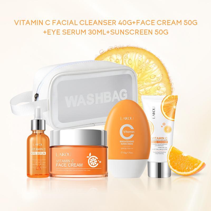 Vitamin C Skincare Set, 5 Counts Moisturizing Face Skin Care Kit, Including 40g Facial Cleanser, 50g Face Cream, 30ml Serum, 50g Sun Cream & 1 Makeup Bag, Portable Skincare Products for Women, Daily Facial Skincare Gifts for Women