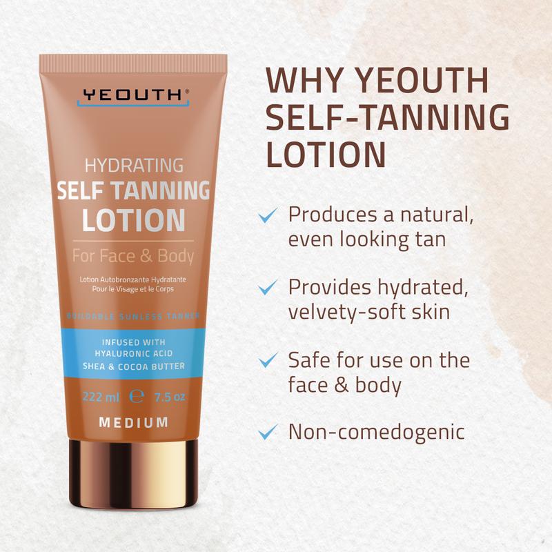 YEOUTH Self Tanning Lotion for Face and Body Care Blend of Hyaluronic Acid, Cocoa and Shea Butter, Hydrating Self Tanner for Radiant Tan