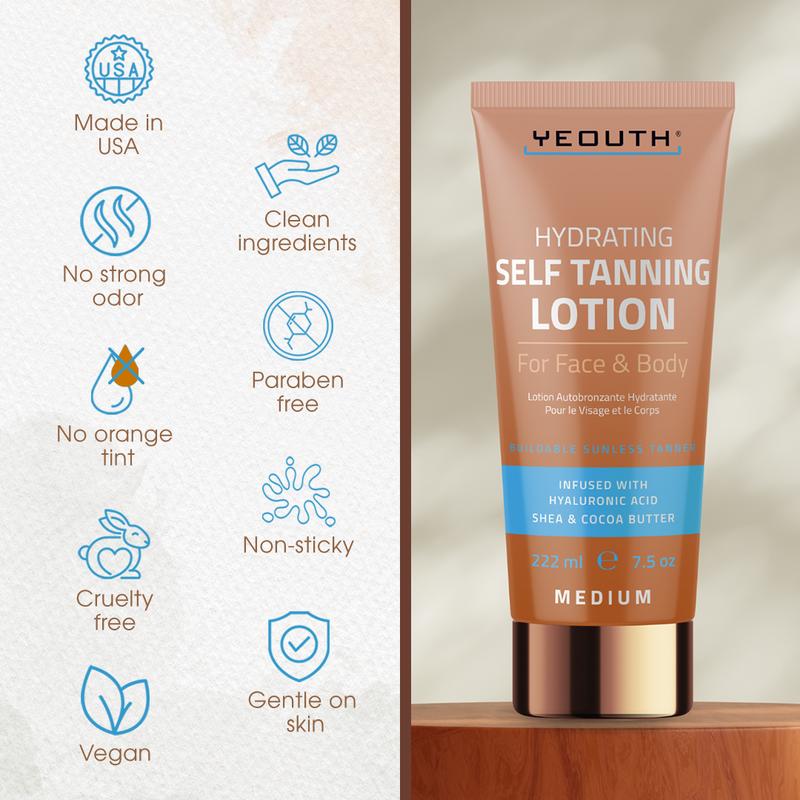 YEOUTH Self Tanning Lotion for Face and Body Care Blend of Hyaluronic Acid, Cocoa and Shea Butter, Hydrating Self Tanner for Radiant Tan