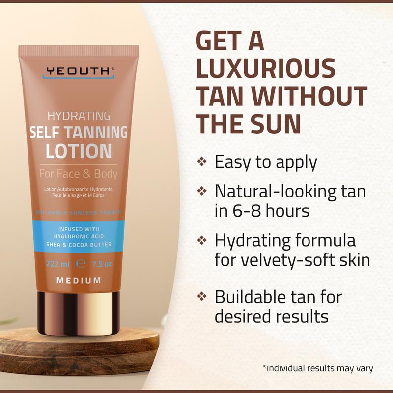 YEOUTH Self Tanning Lotion for Face and Body Care Blend of Hyaluronic Acid, Cocoa and Shea Butter, Hydrating Self Tanner for Radiant Tan